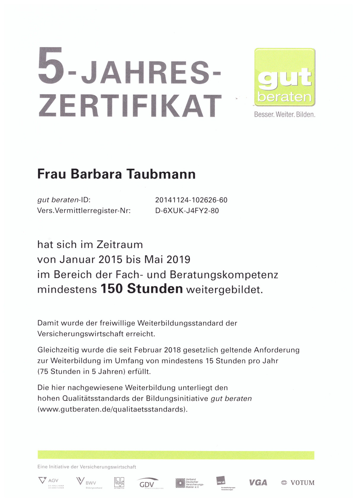 Axa Baldham Barbara Taubmann Gut Beraten Jahreszertifikat Axa