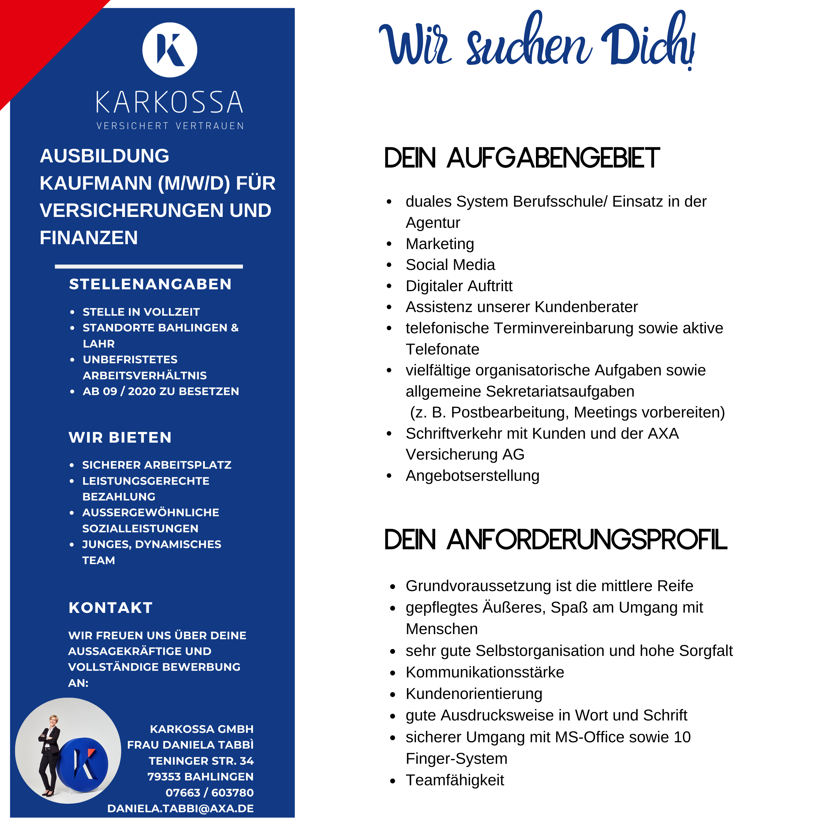 Axa Bahlingen Karkossa Gmbh Ausbildung Kaufmann Fur Versicherungen Und Finanzen M W D Axa