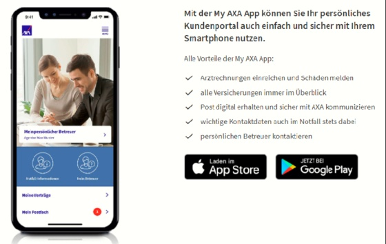 My AXA - jetzt auch als App - Darüber kannst Du Deine Verträge einfach verwalten und sogar Rechnungen zu Deiner Krankenversicherung direkt 
