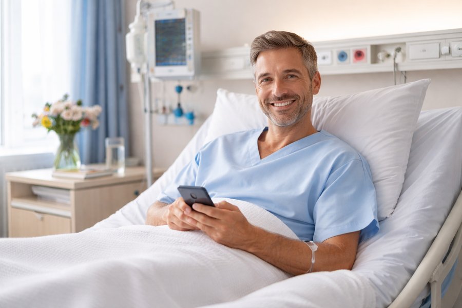 Ein Patient liegt l&auml;chelnd in einem Krankenhausbett und h&auml;lt ein Smartphone in den H&auml;nden. Neben dem Bett stehen ein Infusionsger&auml;t, ein Glas Wasser und Blumen.