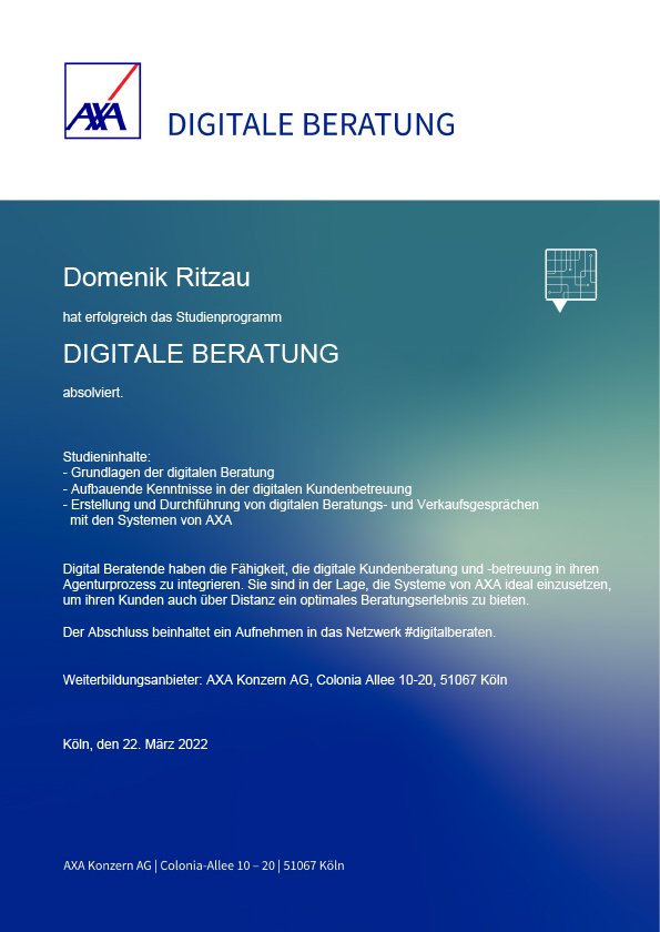 AXA Bad Griesbach i.Rottal Graßme & Auer oHG Partneragentur | Zertifikat AXA Bad Griesbach i.Rottal Graßme & Auer oHG Partneragentur | Zertifikat