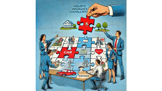 AI generiert - 5 Leute stehen um ein großes Puzzle herum und eine Hand reicht ein großes, rotes Puzzleteil aus dem Bildrand herein