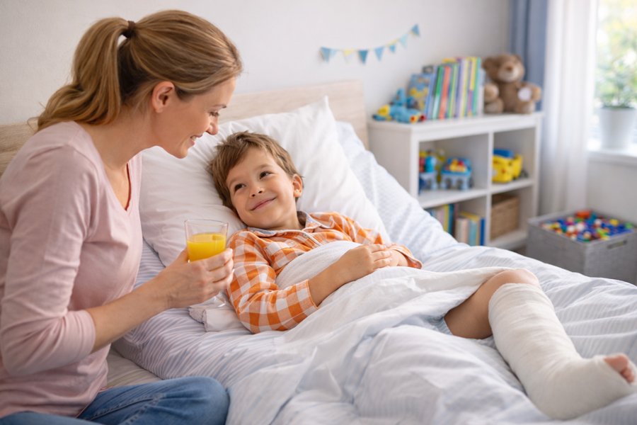 Ein Kind liegt mit eingegipstem Bein im Bett und l&auml;chelt seine Mutter an. Die Mutter sitzt daneben und h&auml;lt ein Glas Orangensaft in der Hand.