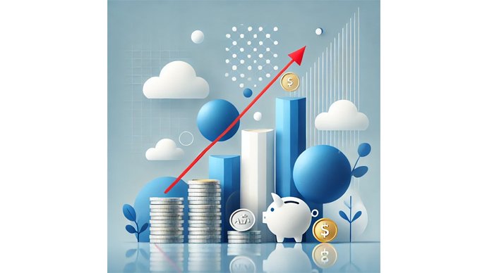 AI generiert - ein aufsteigendes Balkendiagramm aus Münzen, im Vordergrund steht ein Sparschwein