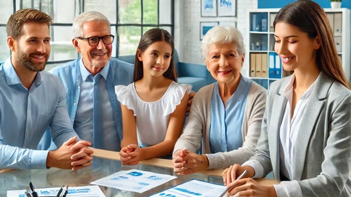 AI generiert - 5 Leute sitzen an einem Beratungstisch und lassen sich beraten