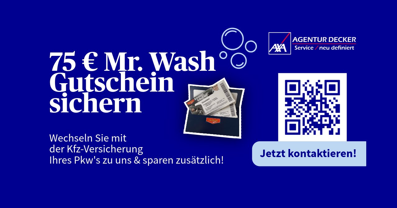 Werbegrafik der Agentur Decker zur Kfz-Versicherung. Beim Wechsel der Pkw-Versicherung k&ouml;nnen Kundinnen und Kunden zus&auml;tzlich einen Mr.-Wash-Gutschein im Wert von 75 Euro sichern. Ein QR-Code f&uuml;hrt zur Kontaktaufnahme.