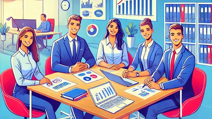 AI generiert - 5 junge Versicherungsvertreter:innen sitzen an einem Tisch 