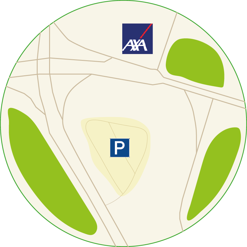 Vereinfachte Umgebungskarte mit markiertem Parkplatz und AXA-Standort in der N&auml;he
