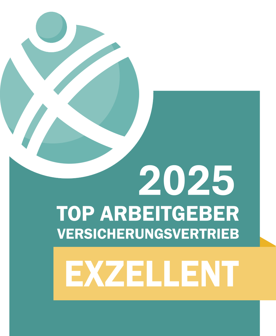 Siegel Top Arbeitgeber im Versicherungsbetrieb Auszeichnungssiegel 2025 mit der Aufschrift „Top Arbeitgeber Versicherungsvertrieb – Exzellent“ in Türkis und Gelb, daneben ein stilisiertes Globus-Symbol.