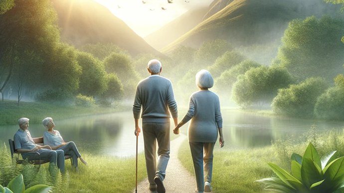 AI generiert - älteres Päärchen läuft durch einen grünen Park bei Sonnenaufgang