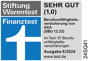 Stiftung Warentest Siegel AXA Berufsunfaehigkeitsversicherung Testsiegel von Stiftung Warentest mit dem Ergebnis „Sehr gut (1,0)“ für die Berufsunfähigkeitsversicherung von AXA aus der Finanztest-Ausgabe 6/2024, getestet unter 67 Berufsunfähigkeitsversicherungen.