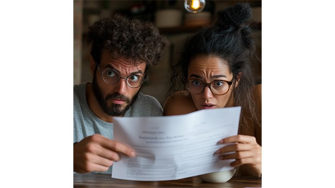 AI generiertes Bild - Ein Mann und eine Frau sitzen am Küchentisch und sind über einen Brief, den sie in der Hand halten, schockiert