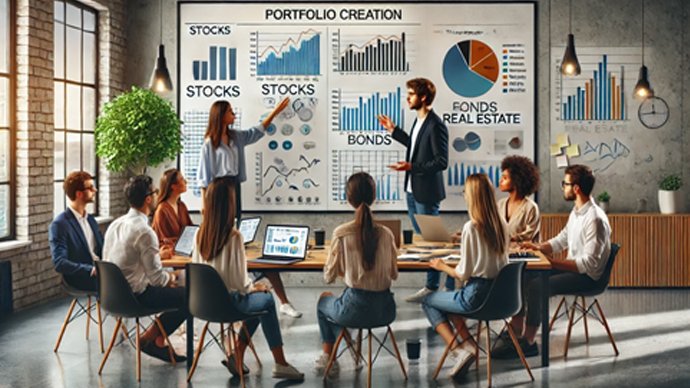 AI generiert - Junge Erwachsene diskutieren in einer Gruppe verschiedene Geldanlagemöglichkeiten