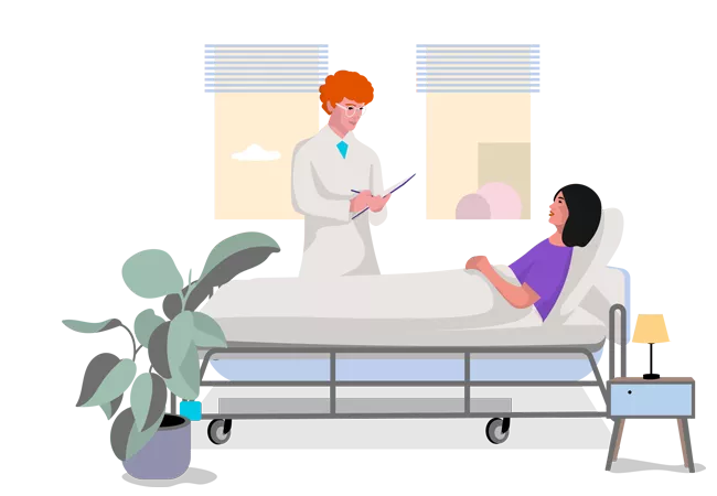 Eine &Auml;rztin steht neben einem Krankenhausbett und spricht mit einer liegenden Patientin. Die Patientin st&uuml;tzt sich auf ein Kissen und blickt aufmerksam zur &Auml;rztin, die Notizen auf einem Klemmbrett macht. Die Szene zeigt ein ruhiges Arzt-Patienten-Gespr&auml;ch im Krankenzimmer.