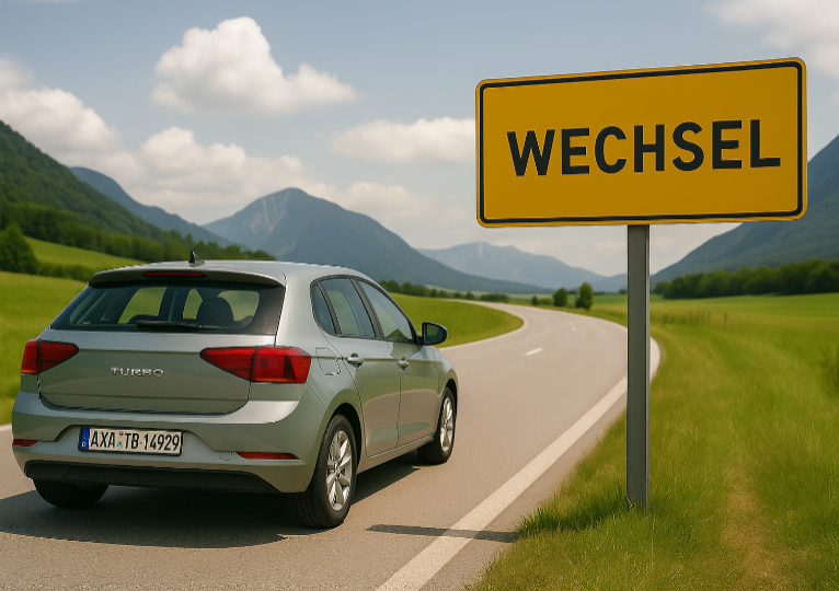 Auto fährt Richtung Wechsel-Schild auf Landstraße